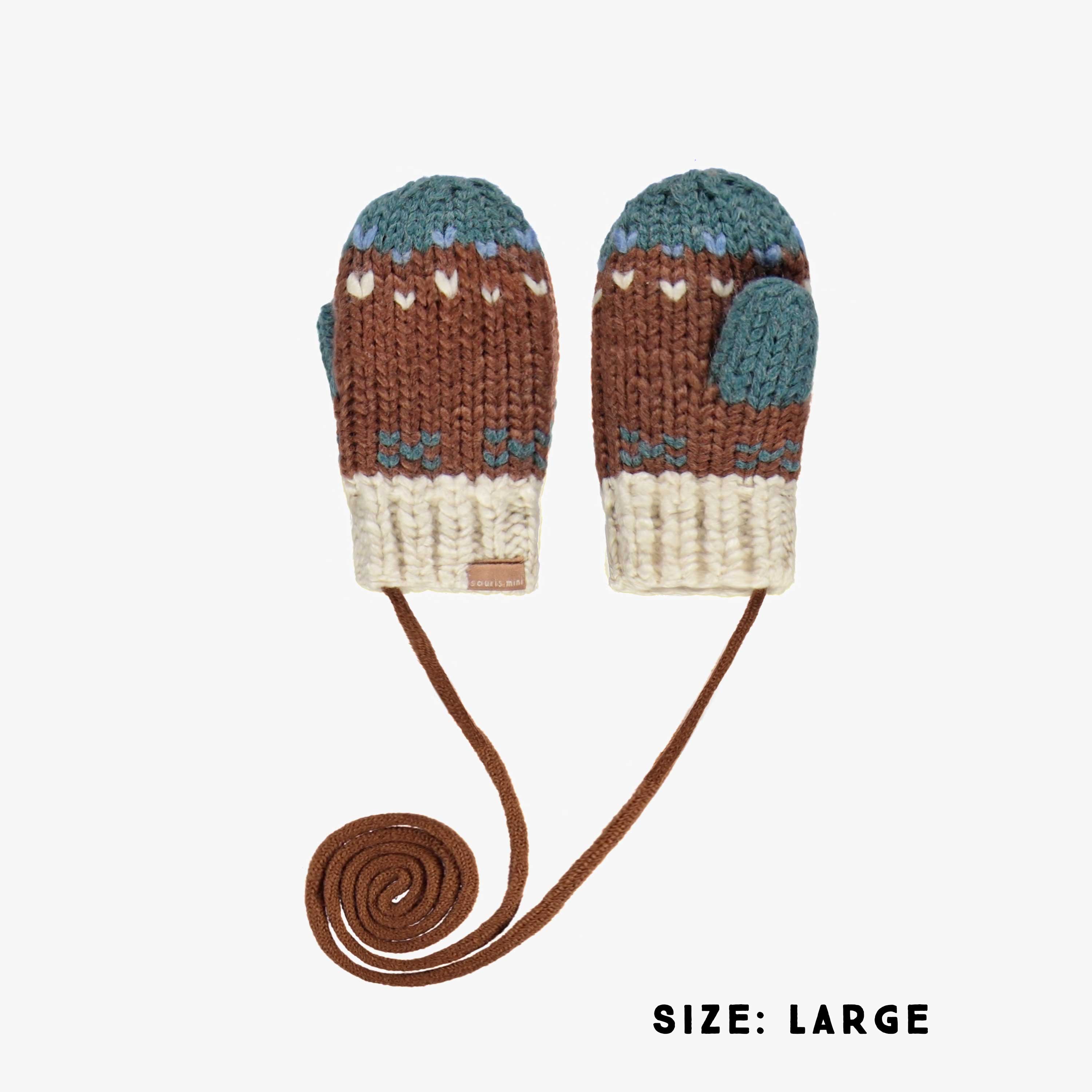 Brown knitted mittens with a jacquard print and a cord, baby