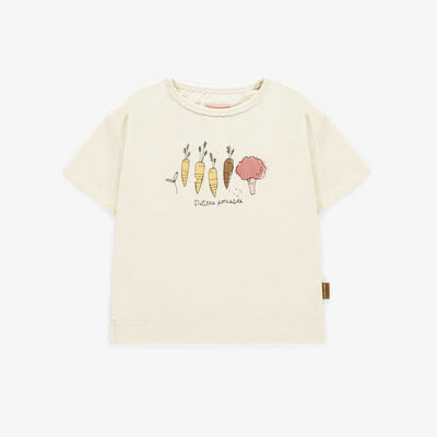 T-shirt à manches courtes crème avec illustration de légumes en coton, bébé || Cream short-sleeved t-shirt with vegetable’s illustrations in cotton, baby