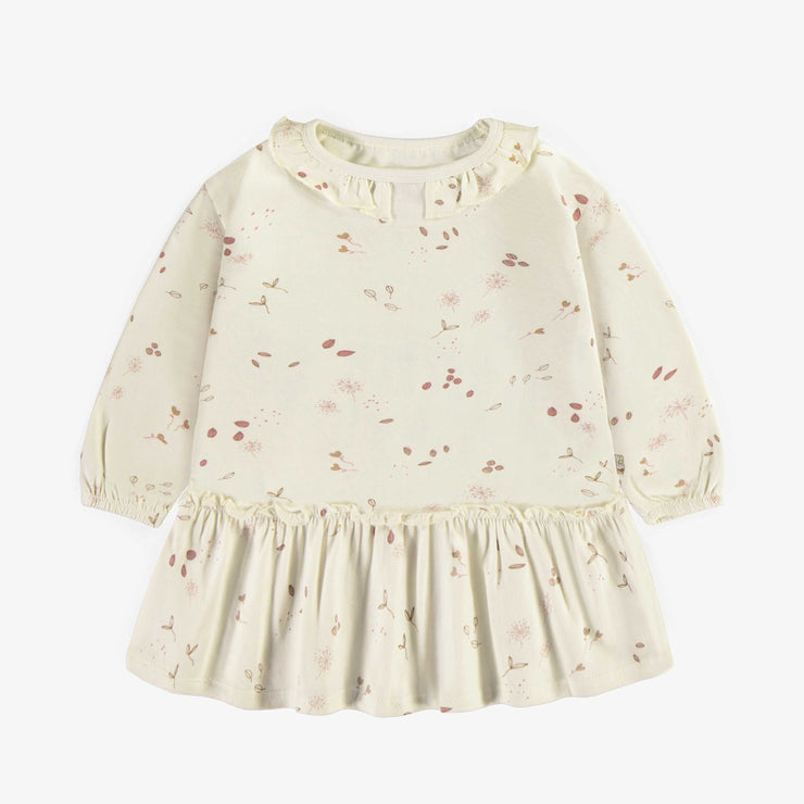 Robe crème à manches longues avec motifs bourgogne en coton, bébé || Cream long sleeved dress with burgundy pattern in cotton, baby