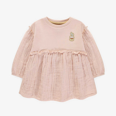 Robe à manches longues rose en coton français et mousseline, bébé || Pink long sleeved dress in french terry and muslin, baby