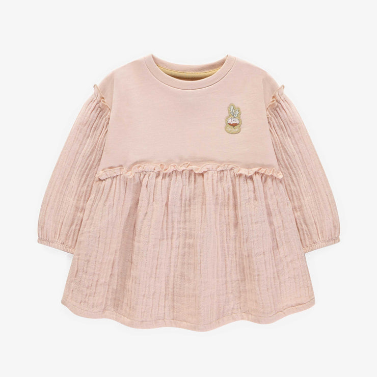 Robe à manches longues rose en coton français et mousseline, bébé || Pink long sleeved dress in french terry and muslin, baby