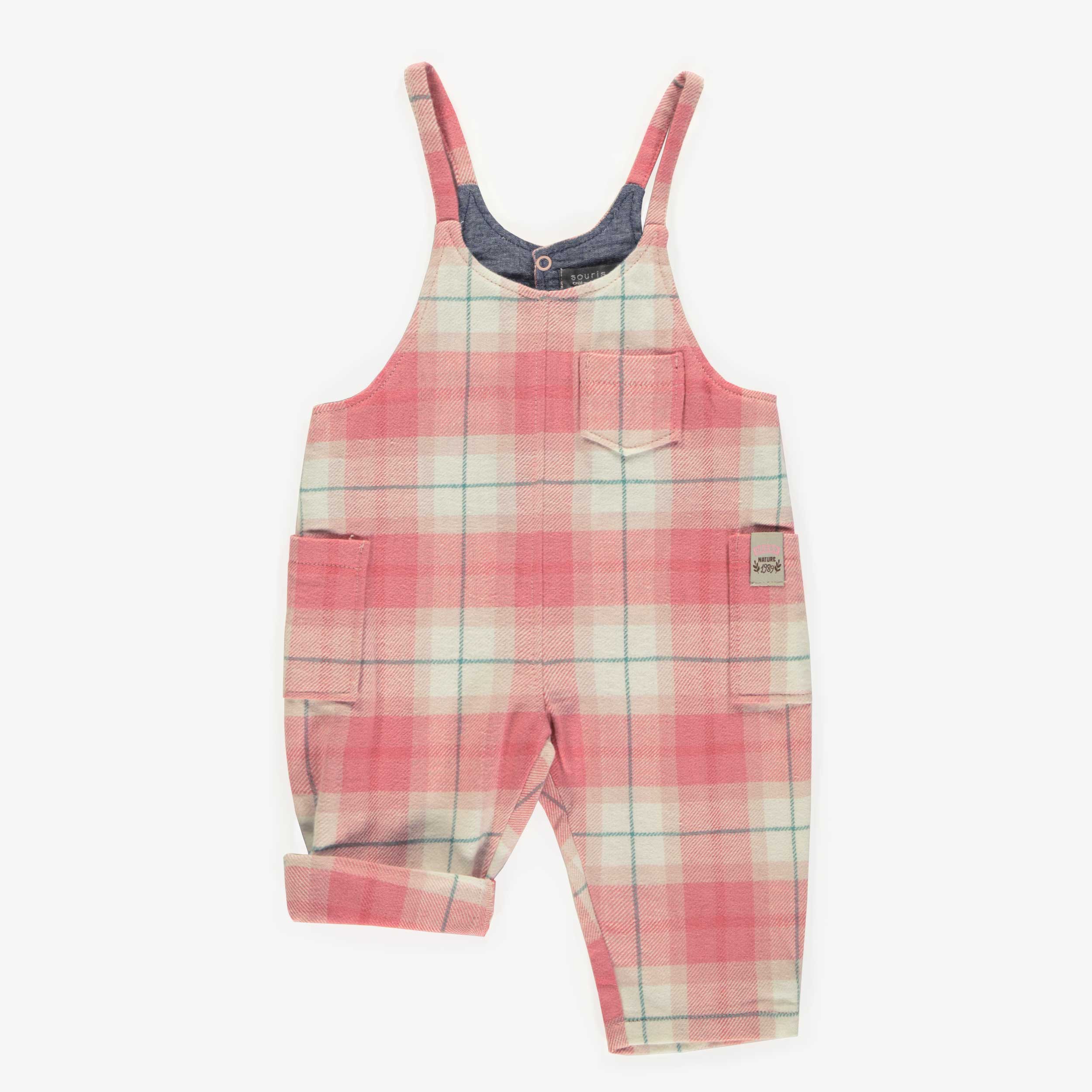 Loose pink plaid overalls in flannel, baby