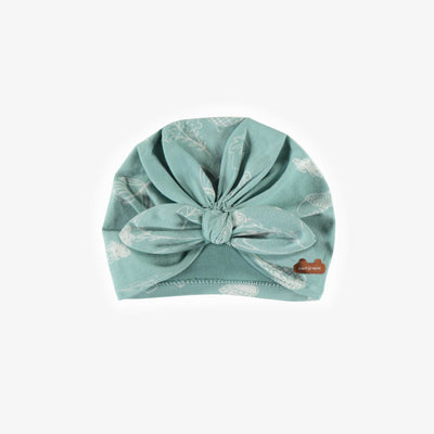 Bonnet turquoise pâle à motif de noisettes avec nœud en jersey doux, bébé || Light turquoise hazelnut patterns hat with a bow in soft jersey, baby