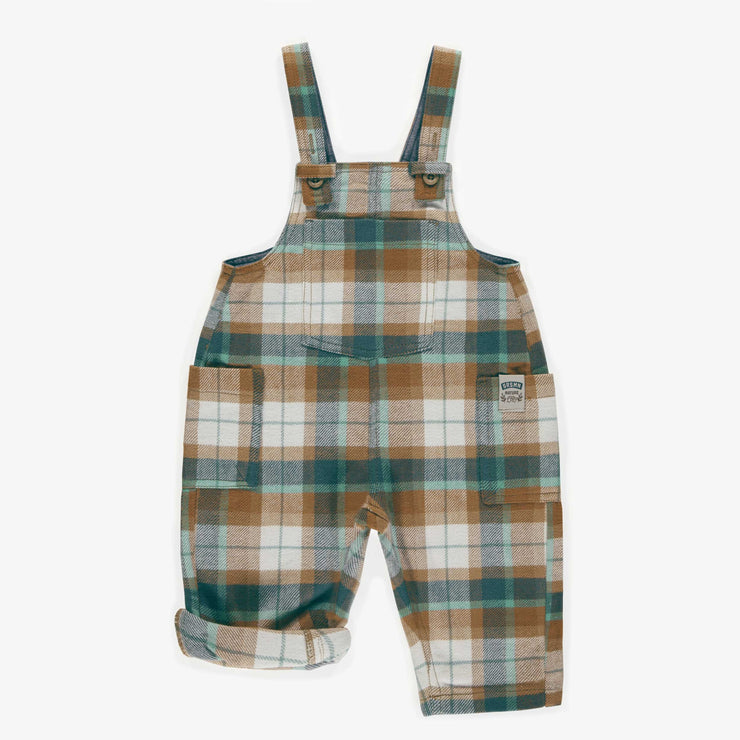 Salopette ample verte et brune à carreaux en flanelle, bébé || Loose fit green and brown checkered overalls in flannel, baby