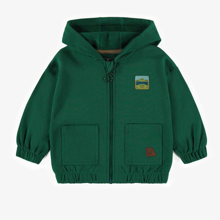 Chandail à capuchon vert avec fermeture éclair en coton ouaté, bébé || Green hoodie with a zipper in cotton, baby
