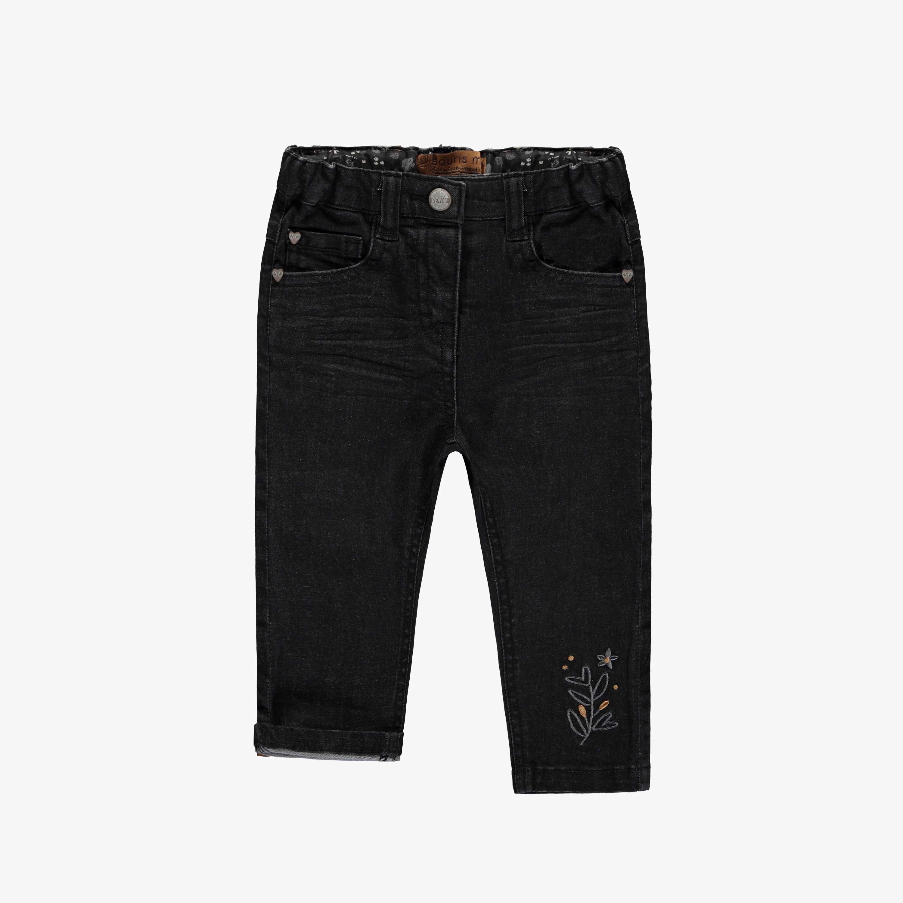 Pantalon en denim noir de coupe ajustée avec broderies, bébé