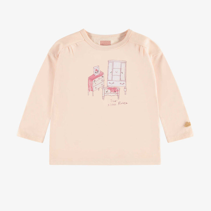 T-shirt rose pâle à manches longues en jersey extensible, bébé || Light pink t-shirt with long sleeves and a print in stretch jersey, baby