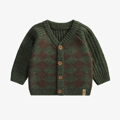 Veste de maille verte foncée à carreaux jacquard, bébé || Dark green jacquard checkered knit vest, baby