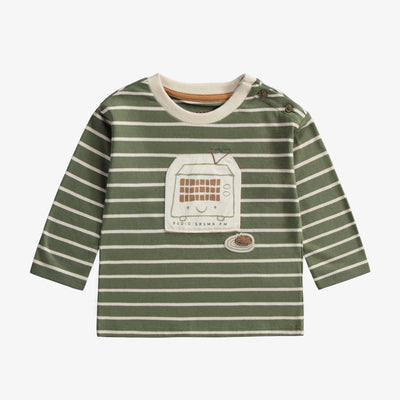 T-shirt vert et crème à rayures à manches longues en jersey, bébé || Green and cream striped t-shirt with long sleeves in jersey, baby