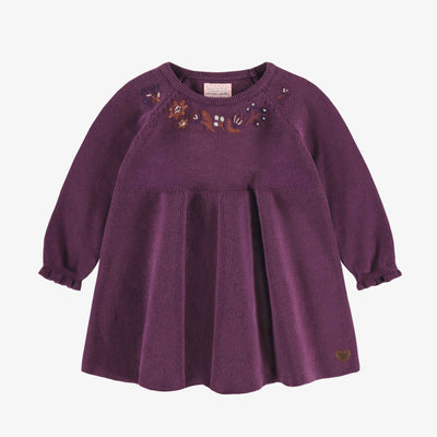 Robe de maille mauve à manches longues avec broderies, bébé || Purple knitted dress with long sleeves and embroidery, baby
