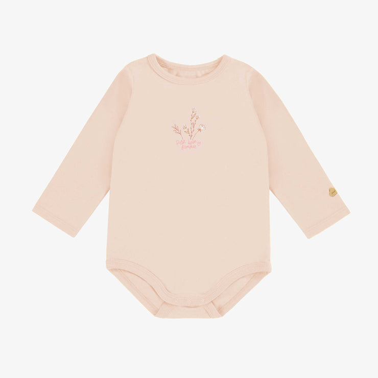 Cache-couche rose pâle à manches longues en coton extensible, bébé || Light pink bodysuit with long sleeves in stretch cotton, baby