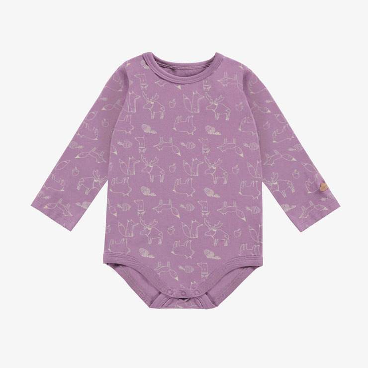 Cache-couche manches longues mauve à motif d'animaux en jersey extensible, bébé || Purple bodysuit with long sleeves and a animals print in stretch jersey, baby