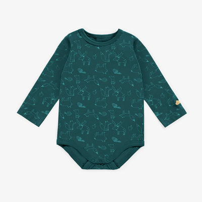 Cache-couche manches longues turquoise foncé à motif d'animaux en jersey extensible, bébé || Dark turquoise bodysuit with long sleeves and animals print in stretch jersey, baby