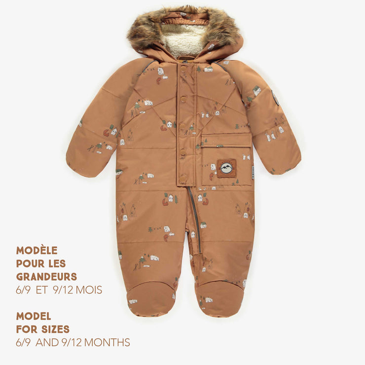 Habit de neige une-pièce brun à motifs et fausse fourrure, bébé || One-piece brown snowsuit with print and faux fur, baby