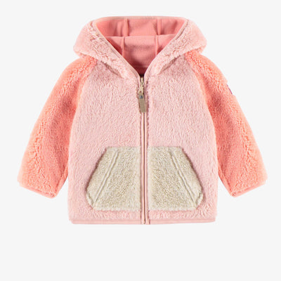 Veste en peluche rose à capuchon et bloc de couleur, bébé || Pink color block hooded vest in polar, baby