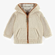 Veste en peluche ivoire avec capuchon, bébé || Ivory plush jacket with hood, baby