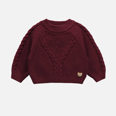 Chandail de maille bourgogne avec broderie et motif tressé, bébé || Long sleeve burgundy sweater with embroideries and braided pattern, baby
