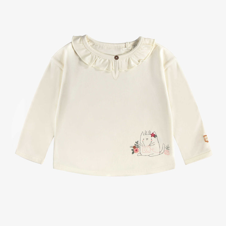 T-shirt crème à manches longues et col à volant en jersey extensible, bébé || Cream t-shirt with long sleeves and a ruffle collar in stretch jersey, baby