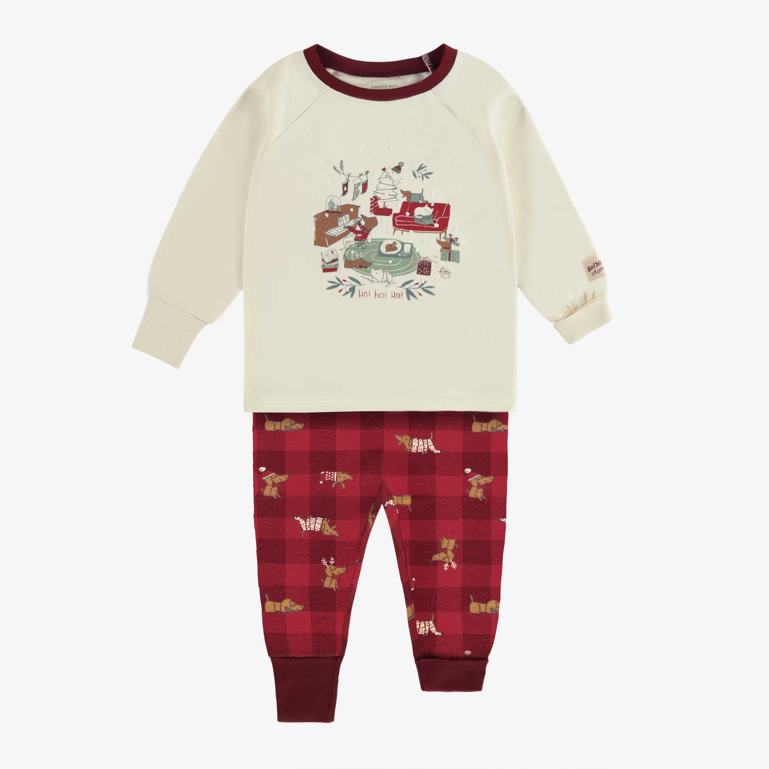 Pyjama des fêtes crème et rouge deux pièces à motif en coton, bébé