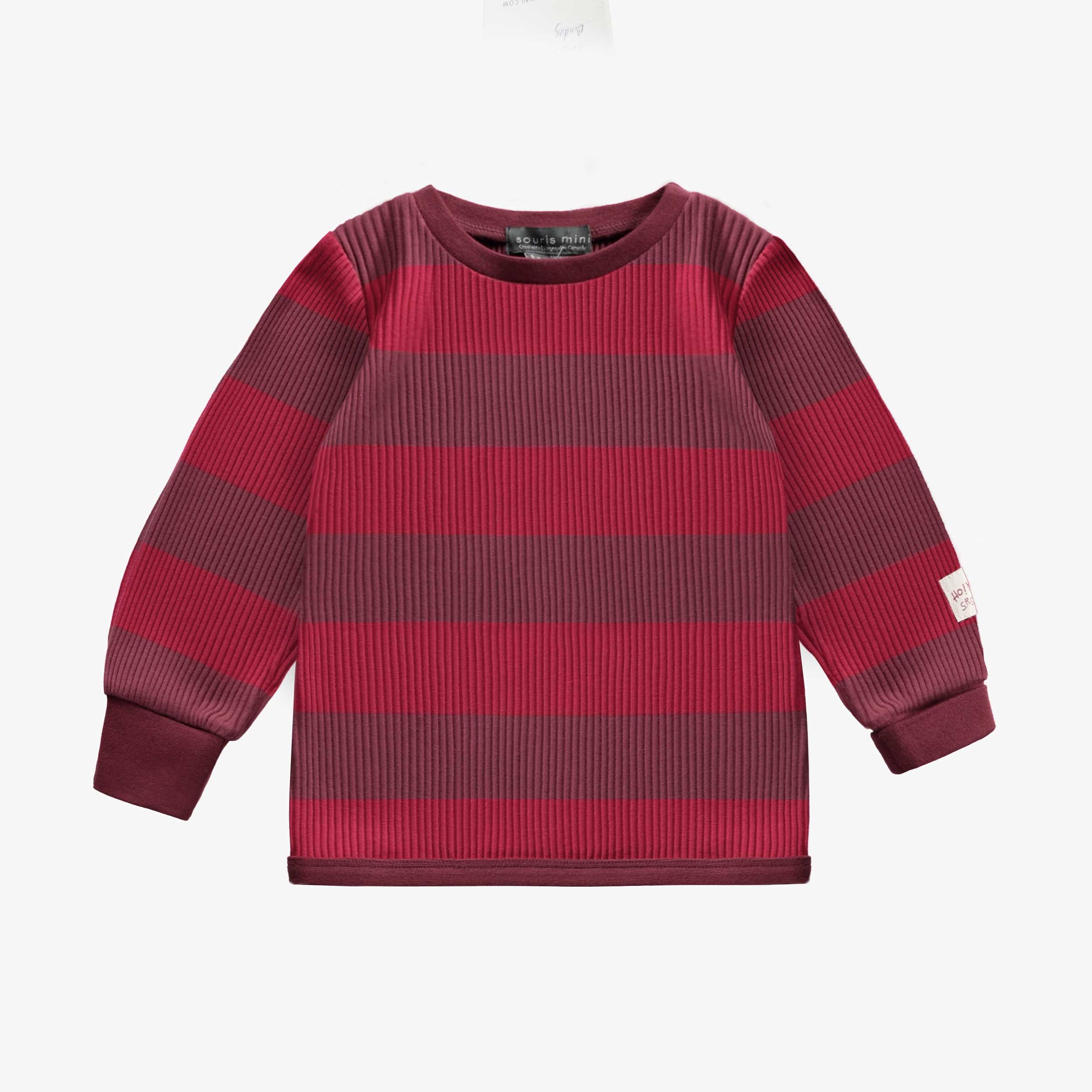 Pyjama des fêtes deux-pièces rouge et bourgogne à rayures en tricot côtelé,  bébé