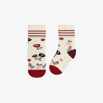 Chaussette crème avec motif floral des Fêtes, bébé || Cream socks with holiday floral pattern, baby
