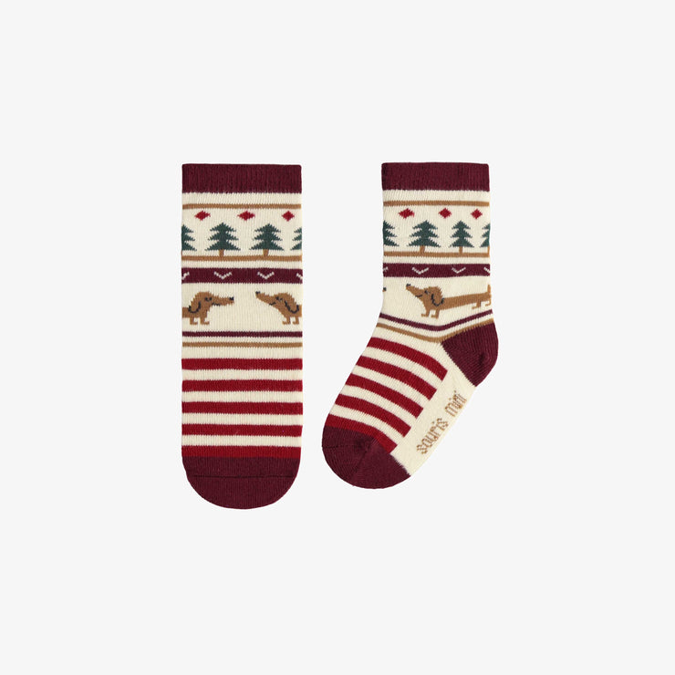 Chaussette crème et rouge à motif des Fêtes, bébé || Cream and red socks with Holiday pattern, baby