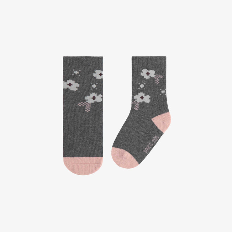 Chaussettes charcoal avec illustrations de fleurs pixel, bébé  || Black socks with pixel flower illustrations, baby