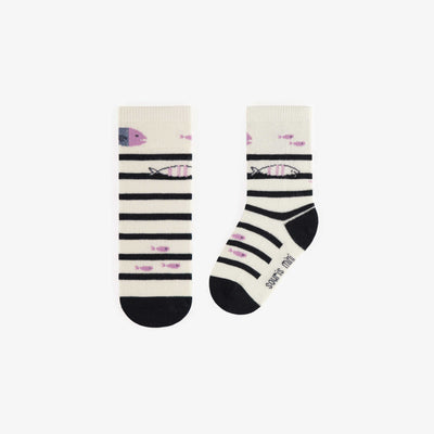 Chaussettes crèmes ligné avec des poissons mauves, bébé || Cream socks striped with purple fish, baby