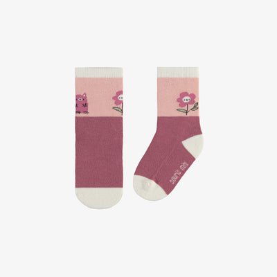 Chaussettes roses avec bloc de couleur et un chaton, bébé  || Pink socks with colored block and kitten, baby