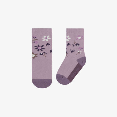 Chaussettes mauves avec illustrations de fleurs, bébé  || Purple socks with flower illustrations, baby