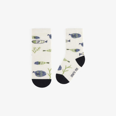 Chaussettes crèmes avec poissons verts et bleus, bébé || Cream socks with green and blue fish, baby