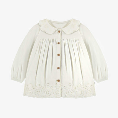 Chemise crème à manches longues en popeline douce avec broderies, bébé || Cream shirt with long sleeves in soft popeline with embroidery, baby