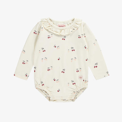 Cache-couche crème avec motif de cerises en flanelle lourde, bébé || Cream bodysuit with cherries pattern in heavy flannel, baby
