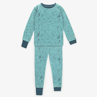 Pyjama turquoise à motif d'animaux en polyester, enfant || Turquoise one-piece pajama with animal print in polyester, child