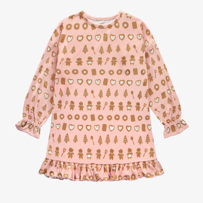 Robe de nuit rose à motif gourmand de biscuits en polyester extensible, enfant || Pink night dress with a print of delicious cookies in stretch polyester, child