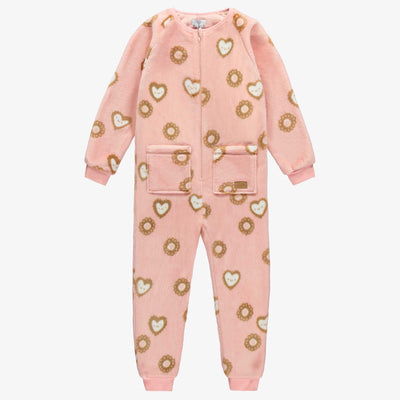 Pyjama une-pièce rose à motif de biscuits en peluche, enfant || Pink one-piece pajama with a print of cookies in plush, child