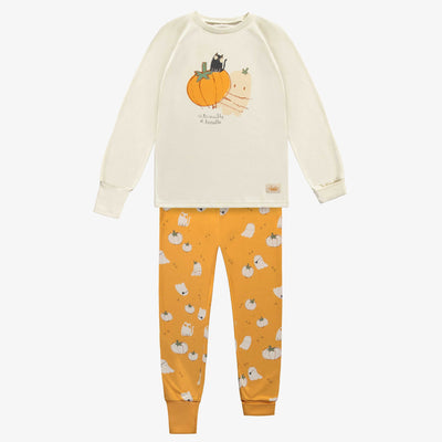 Pyjama à la thématique d’Halloween orange et crème en jersey, enfant || Halloween-themed pajama in orange and cream in jersey, child