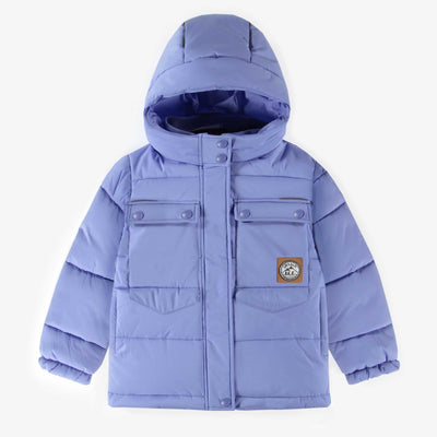 Manteau doudoune bleu à col montant avec capuchon, enfant || Blue puffer jacket with high collar and hood, child