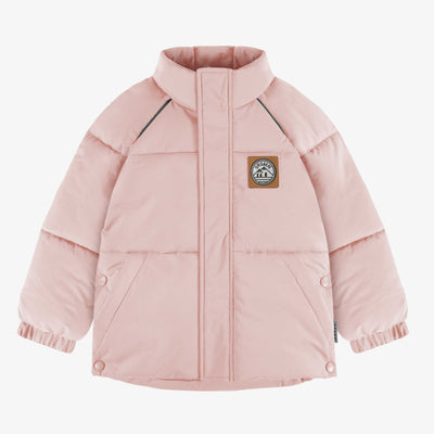Manteau doudoune rose pâle à col montant en nylon, enfant || High collar light pink puffer coat in nylon, child