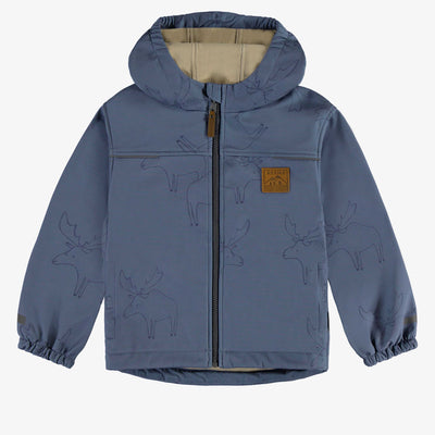 Manteau bleu avec motifs en coquille souple avec capuchon, enfant || Blue softshell coat with print and a hood, child