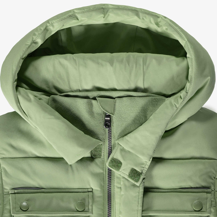 Manteau doudoune vert à col montant avec capuchon, enfant || Green puffer coat with high collar and hood, child