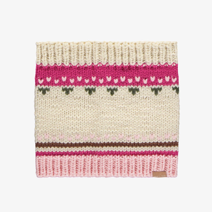 Cache-cou de maille rose et crème à motif jacquard, enfant || Pink and cream knitted neck warmer with a jacquard print, child