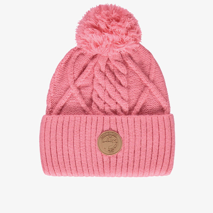 Tuque rose en maille tressée à pompon, enfant || Pink woven knitted toque with a pompon, child
