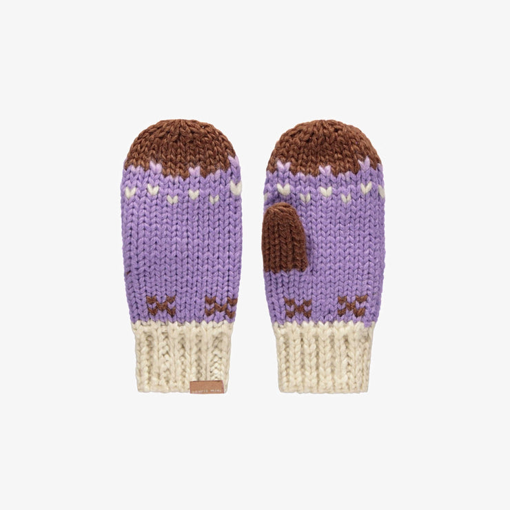 Mitaines mauves à motif jacquard en maille, enfant || Purple knitted mittens with a jacquard print, child