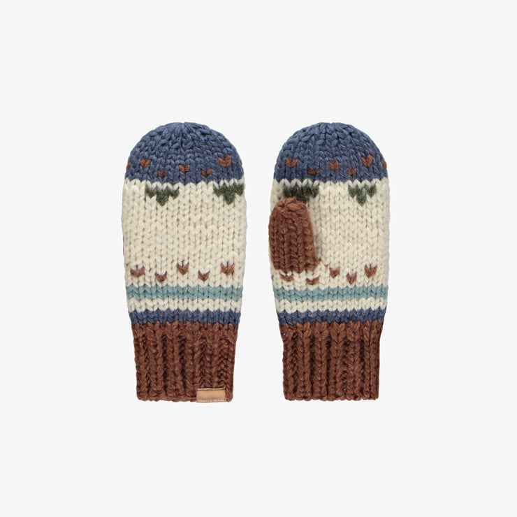 Mitaines crème et brunes à motif jacquard avec cordon en maille, enfant || Cream and brown knitted mittens with a jacquard print, child