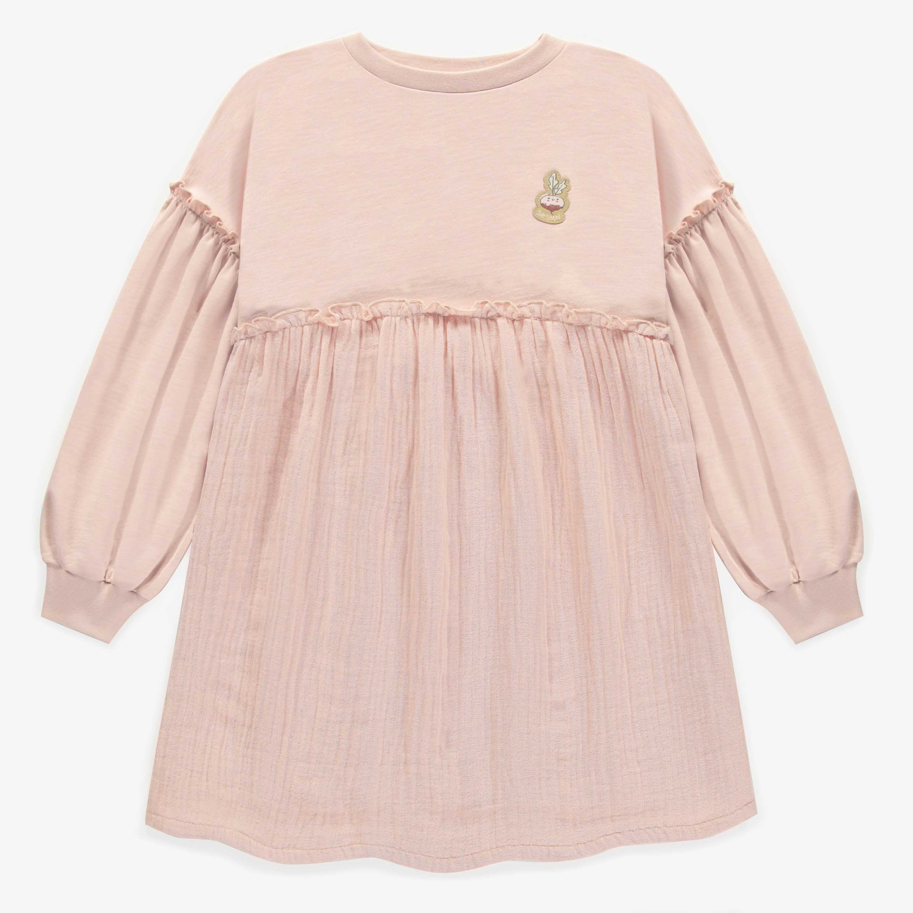 Pink long sleeved dress in french terry and muslin, child