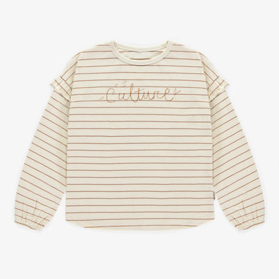 T-shirt crème ligné brun à manches longues en coton, enfant || Cream long sleeved t-shirt with brown stripes in cotton, child