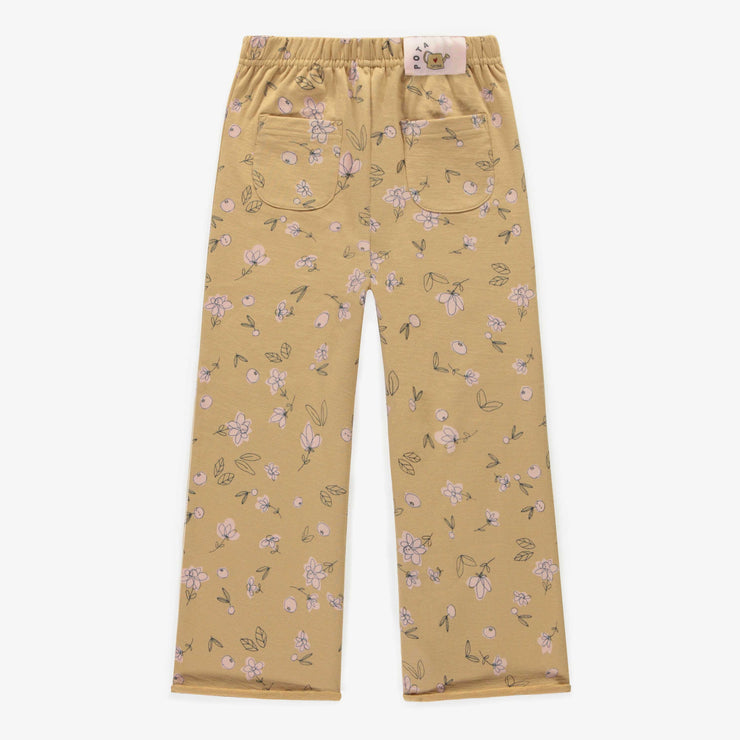 Pantalon brun avec fleurs roses et jambes en coton français, enfant || Brown pants with pink flowers and wide legs in french terry, child