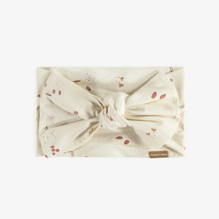Bandeau à nouer crème à motif bourgogne en coton, enfant || Cream headband to knot with a burgundy pattern in cotton, child