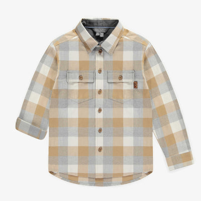 Chemise à carreaux grise et brune pâle en coton, enfant || Grey and pale brown shirt in cotton, child
